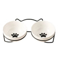 White ceramic cat bowl with decorative pattern on iron frame with cat ear accents