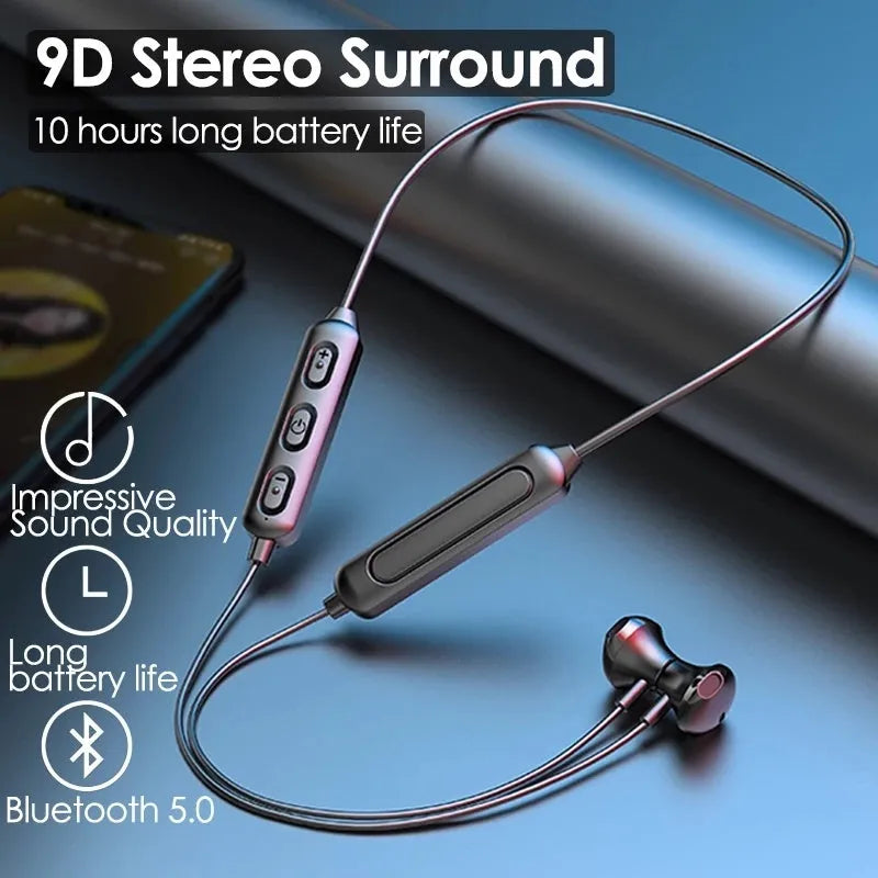 Black neck-mounted wireless sports earphones with binaural stereo design