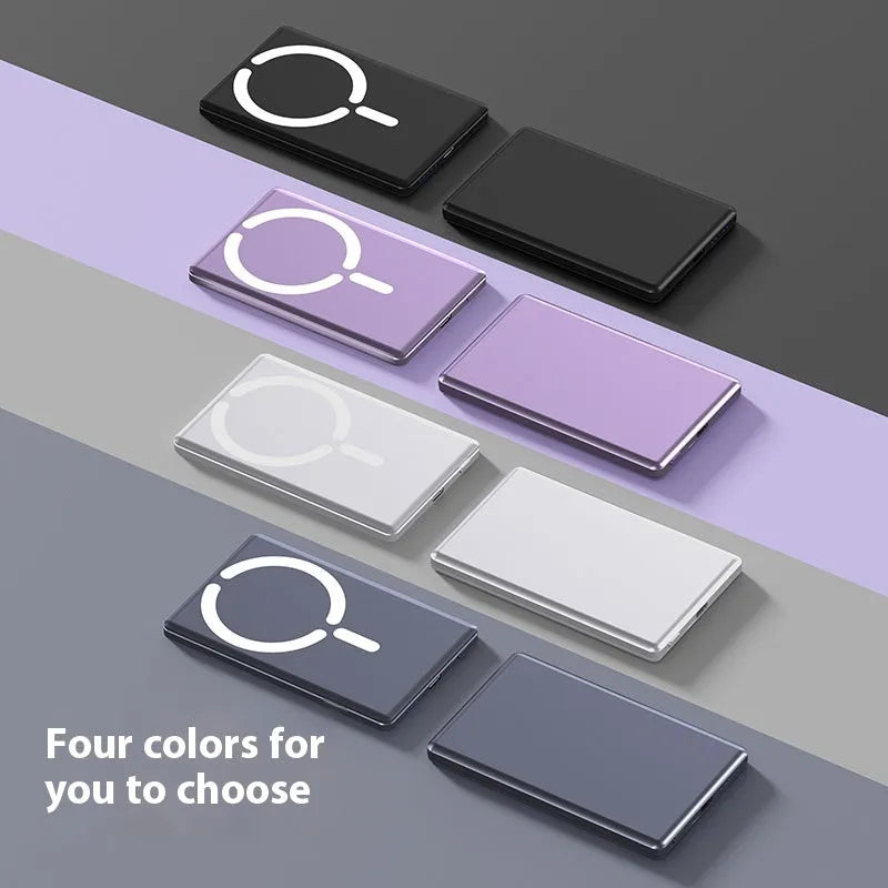 Ultra-thin magnetic power bank in dark grey alloy casing showing side profile with 9mm thickness