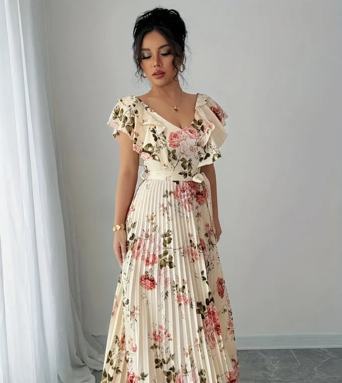 Apricot V-neck floral print dress with ruffled sleeves and swing skirt