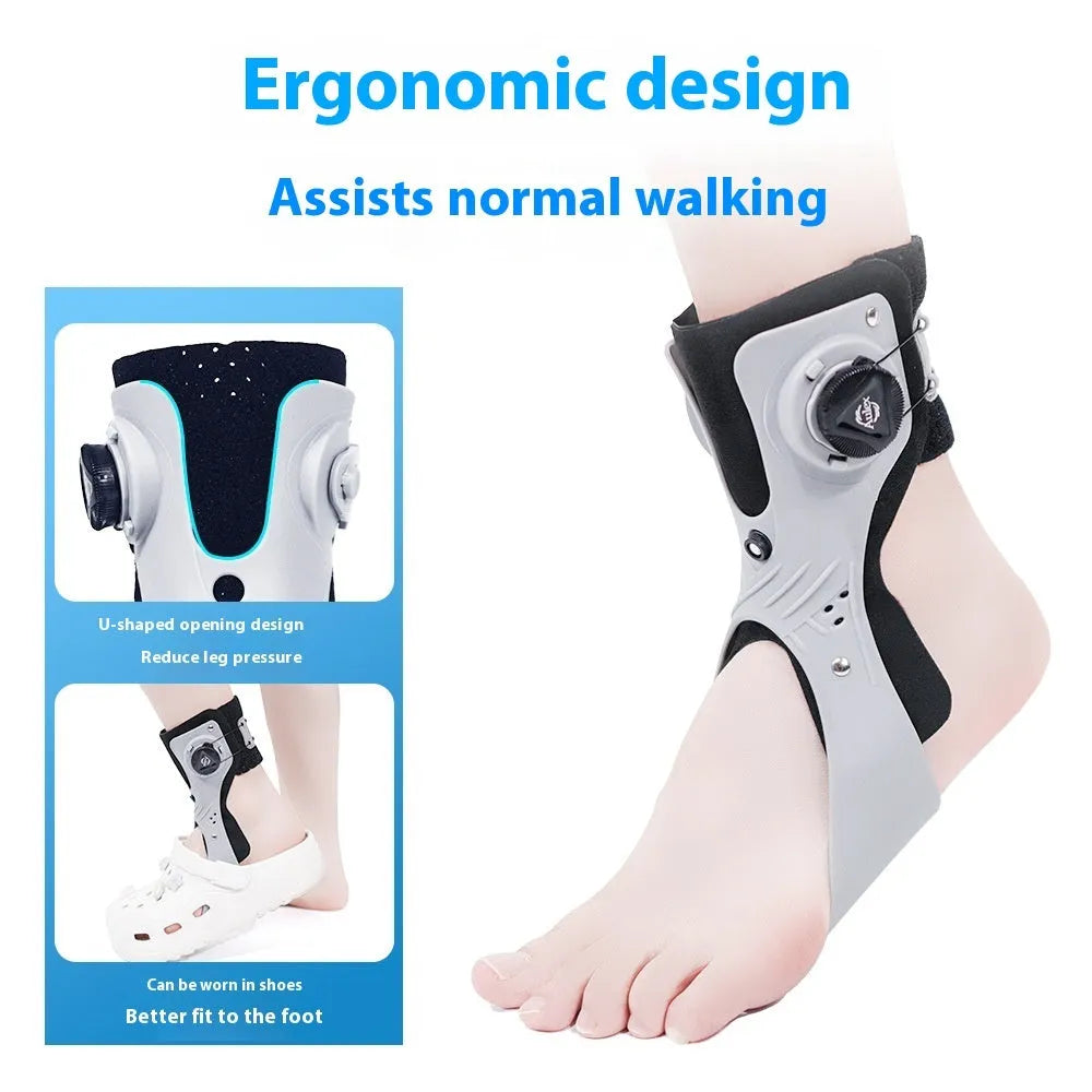 Grey ankle support brace with an airbag button shown on a left foot.