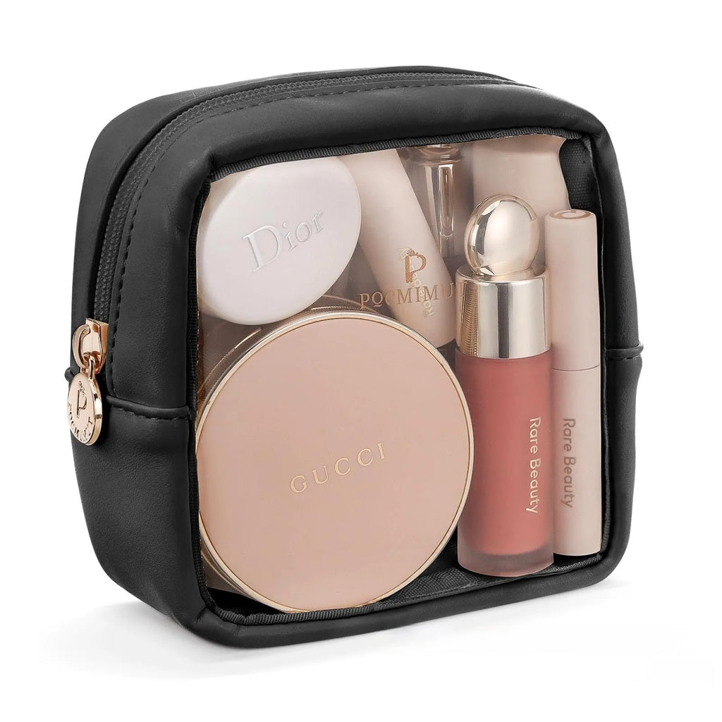 Leather transparent cosmetic bag showing interior compartments with waterproof PVC construction