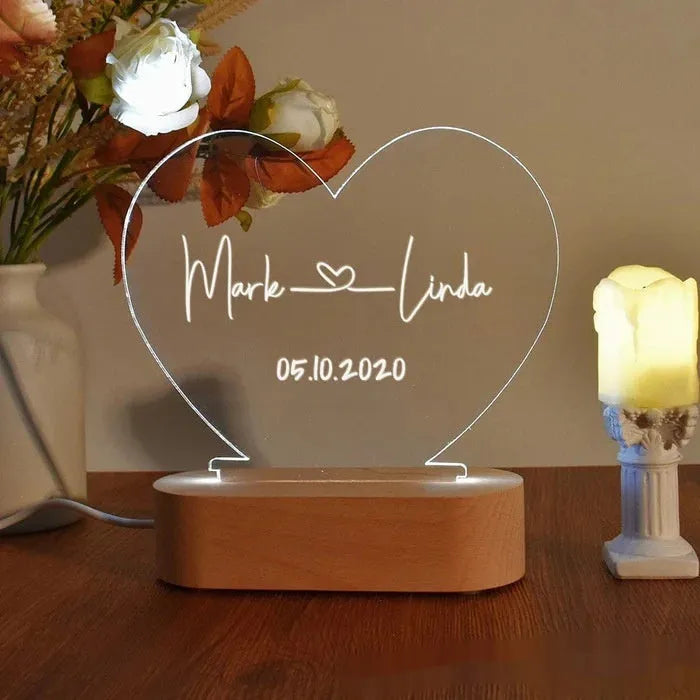 Custom personalised night light with names and date for Valentine's Day anniversary gift