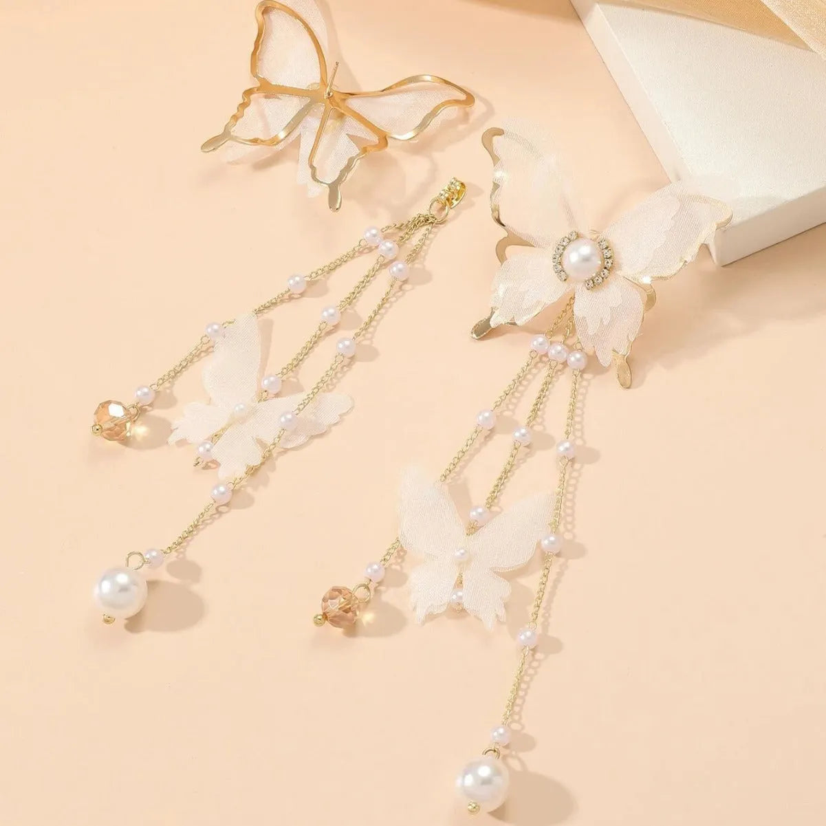 White butterfly tassel lace pearl rhinestone stud earrings for women with copper alloy construction