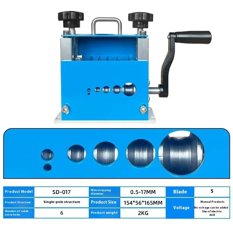 SD-017 manual wire stripping machine tool on a workbench.