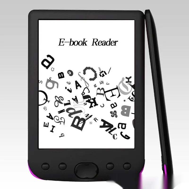 Black 6-inch E-ink e-book reader with anti-glare screen on a table.