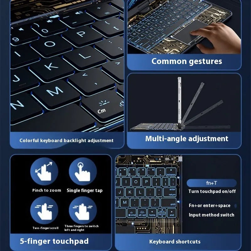 Transparent rotating keyboard case for iPad Air 5 tablet showing wireless keyboard and 360° magnetic stand