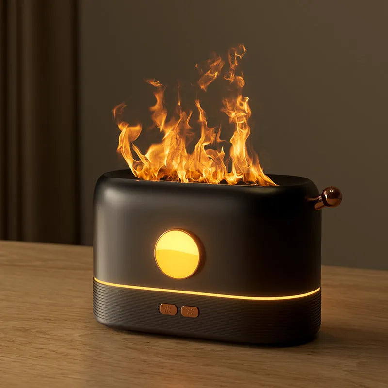 Black USB desktop humidifier with LED flame effect and transparent 200ml water tank