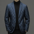 Men's solid colour lapel collar winter down jacket shown in cardigan style.