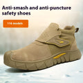 Brown anti-smashing puncture protection work shoes with leather upper and rubber sole