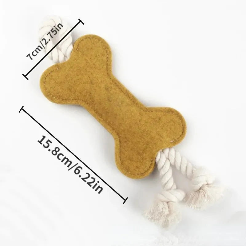 Bone-shaped dog chew toy with rope knot and felt construction in four colour options