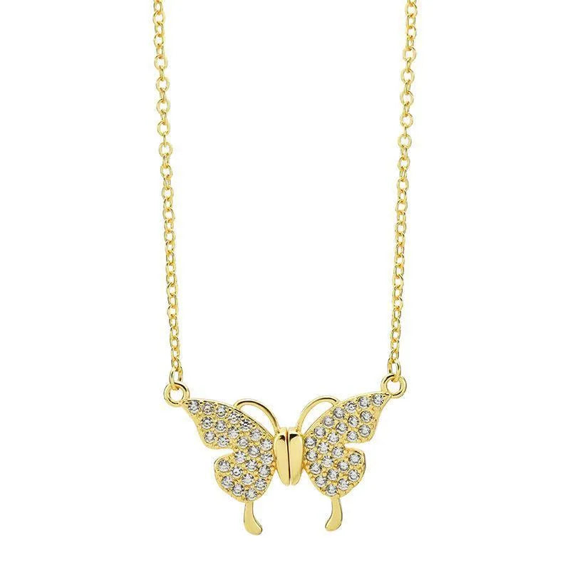Women's magnetic snap butterfly clavicle chain necklace in gold finish showing twisted chain detail