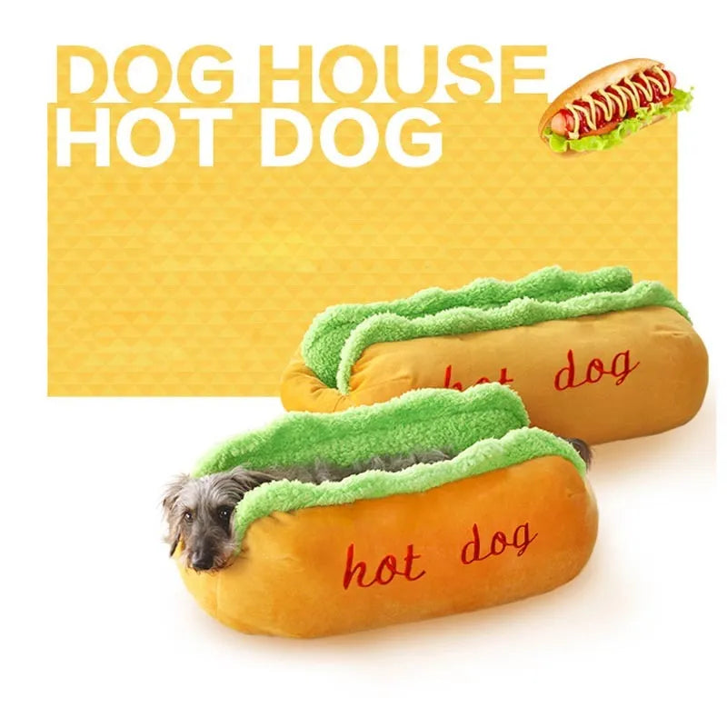 A soft flannelette hot dog bed for pets with a removable mat and anti-slip base, shown in a home setting.
