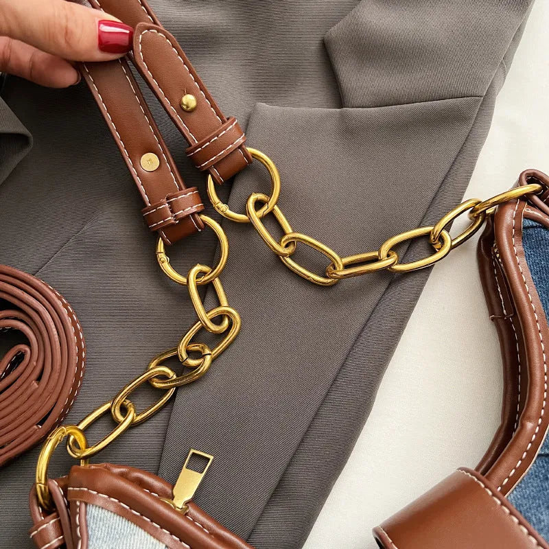 Women's brown denim bucket shoulder bag with diamond chain mesh and double strap