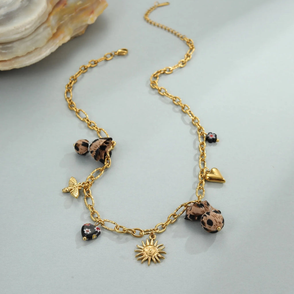 Leopard pattern pendant necklace with love heart and flowers design on stainless steel chain