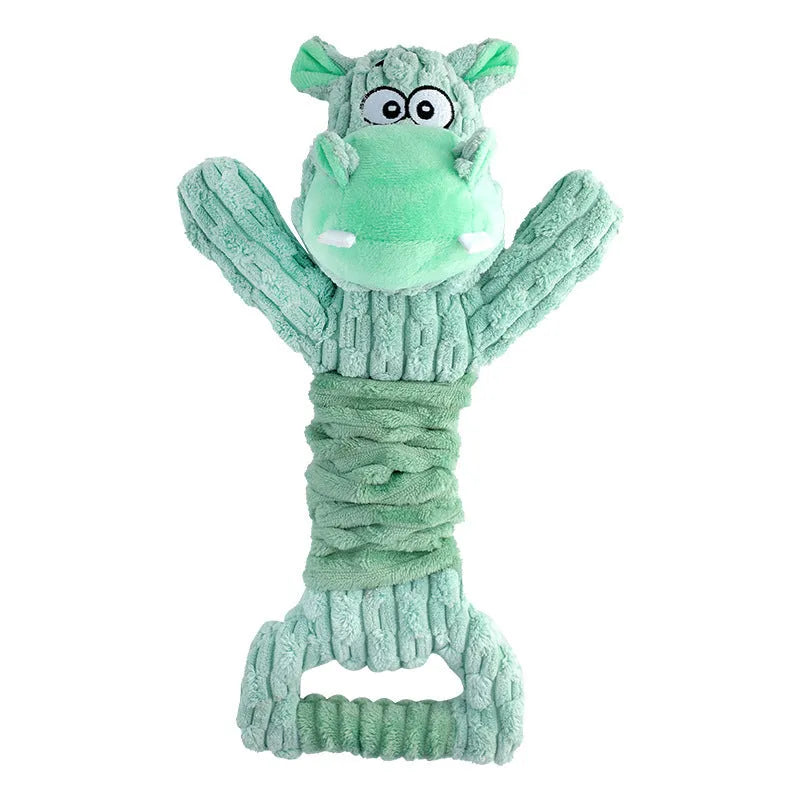 Large plush dog toy with Hippo or Monkey design featuring squeaky and crinkle sounds for interactive play