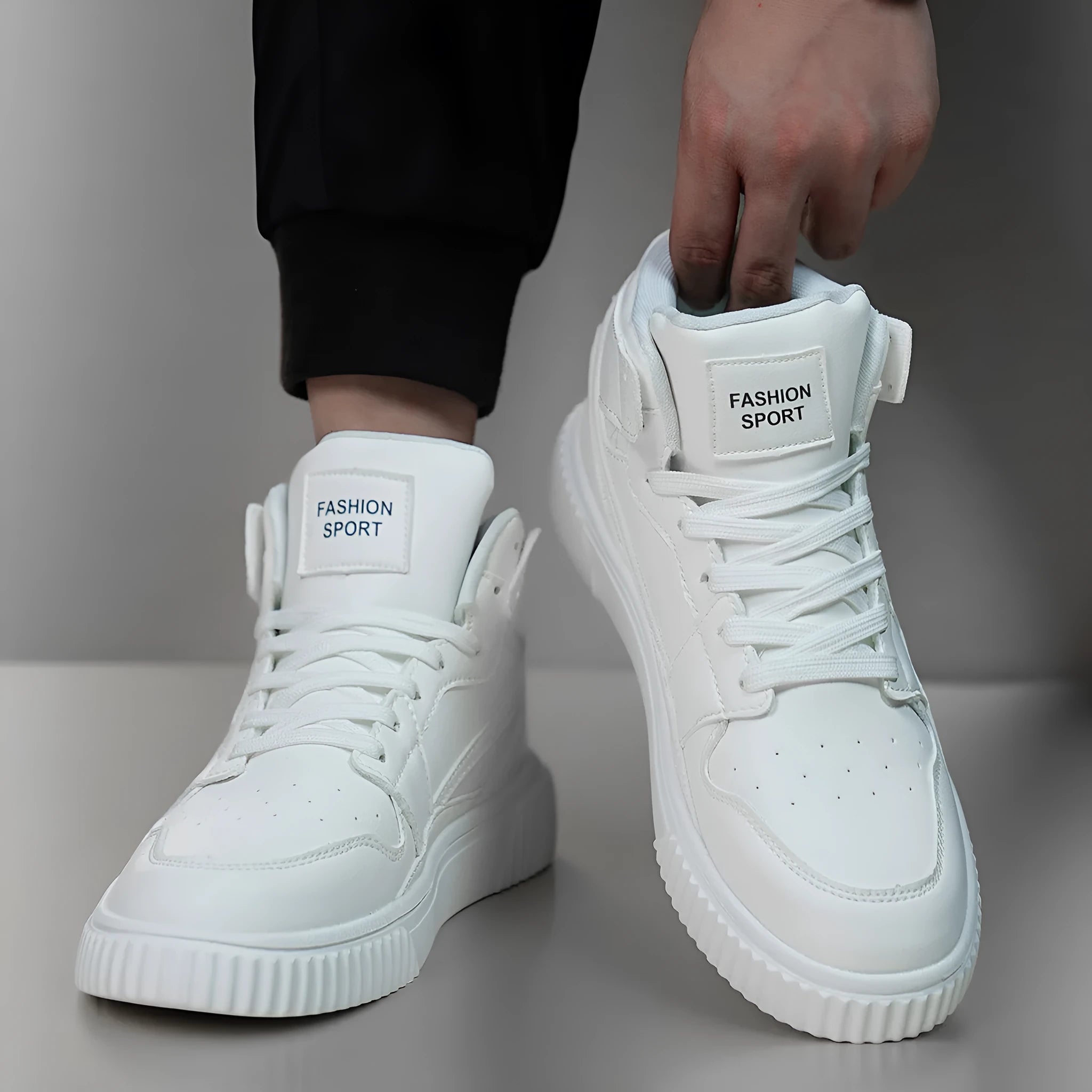 White men's round-toe casual shoes with a microfiber upper on a plain background.