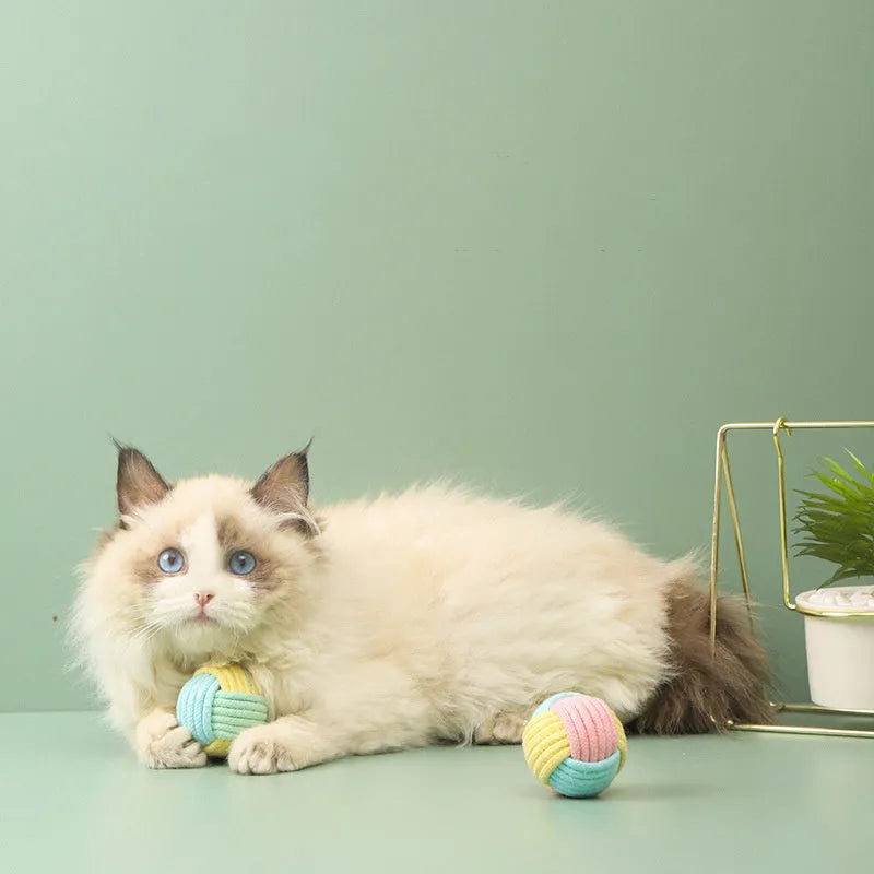 Handmade cotton hair ball plush cat toy measuring 5cm for teeth grinding and interactive play