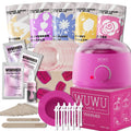 Professional waxing kit with wax warmer, hard wax beans, application sticks, and post-care products