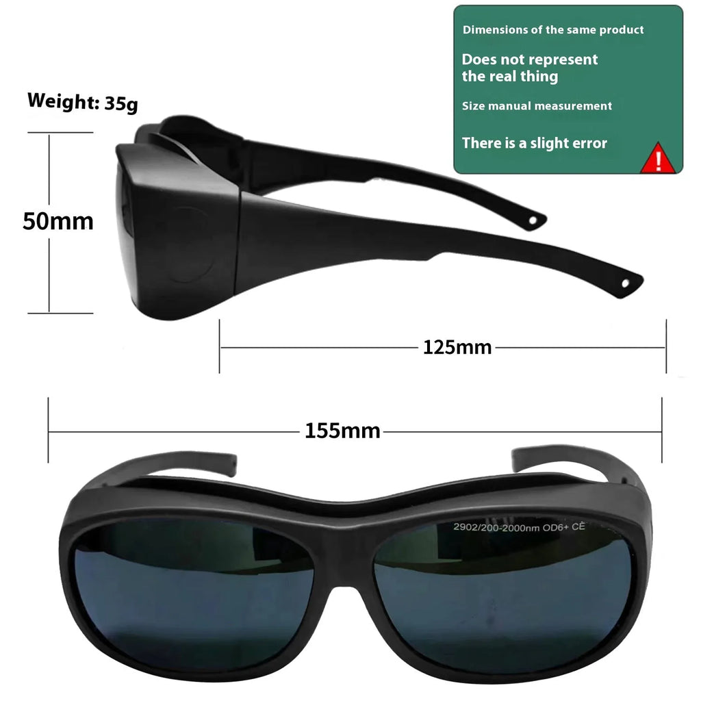 Pair of clear laser safety goggles for 200-2000nm protection with a cleaning cloth.