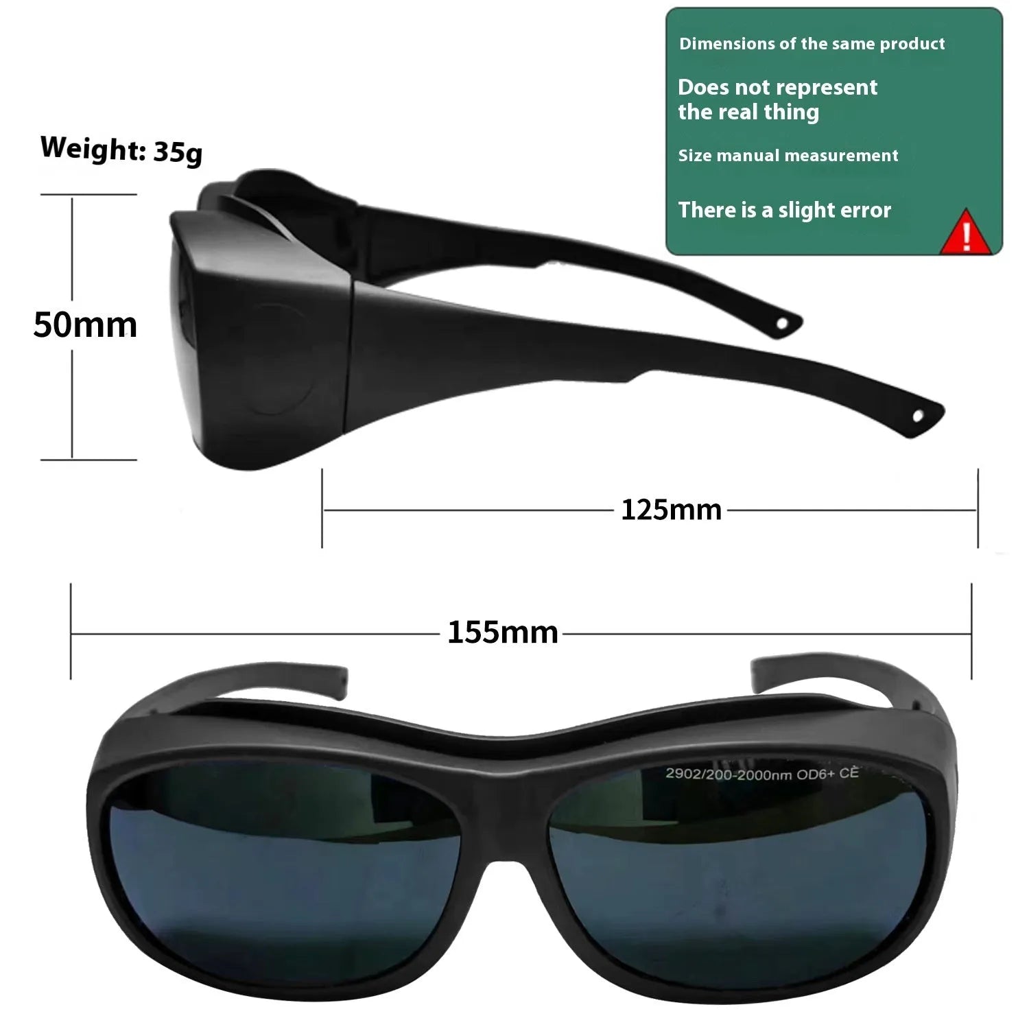 Pair of clear laser safety goggles for 200-2000nm protection with a cleaning cloth.