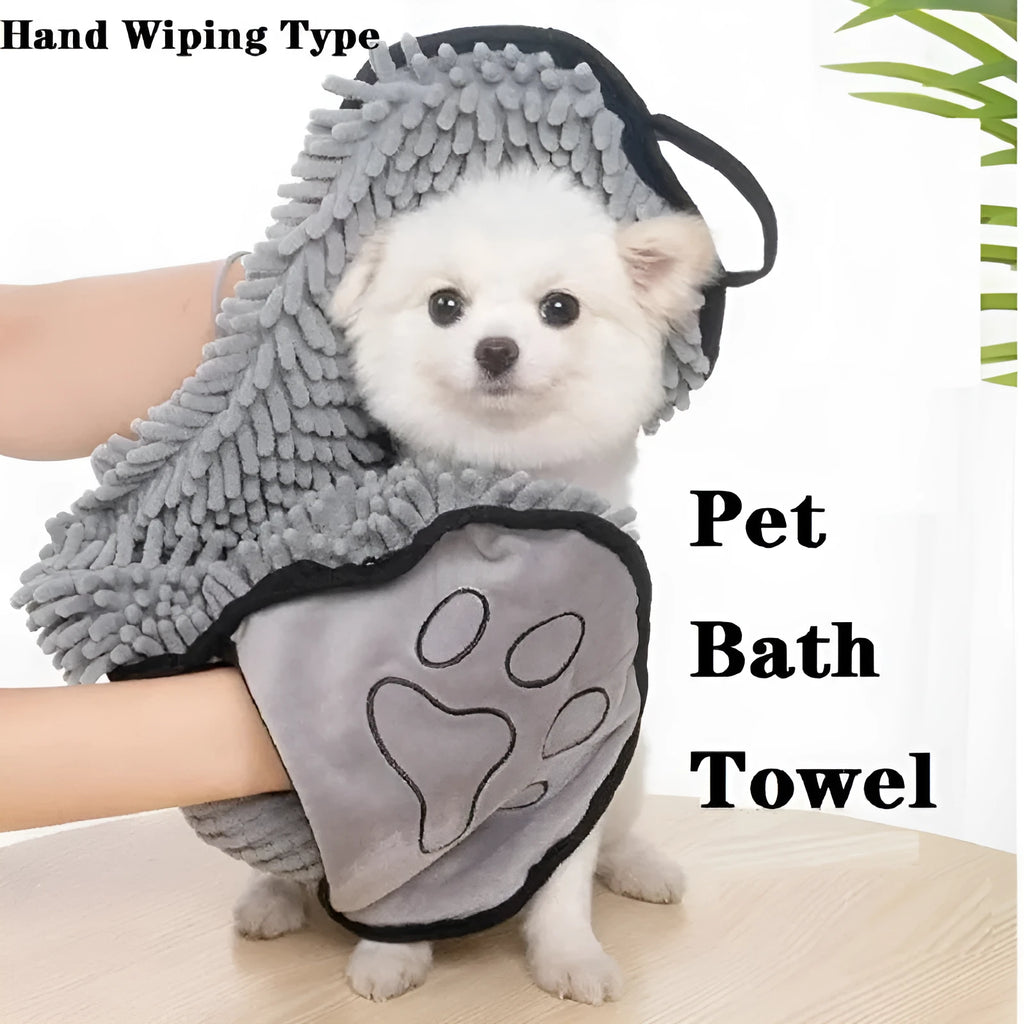 Blue pet bath robe towel wrapped around a small dog, showing its size and absorbent fabric.