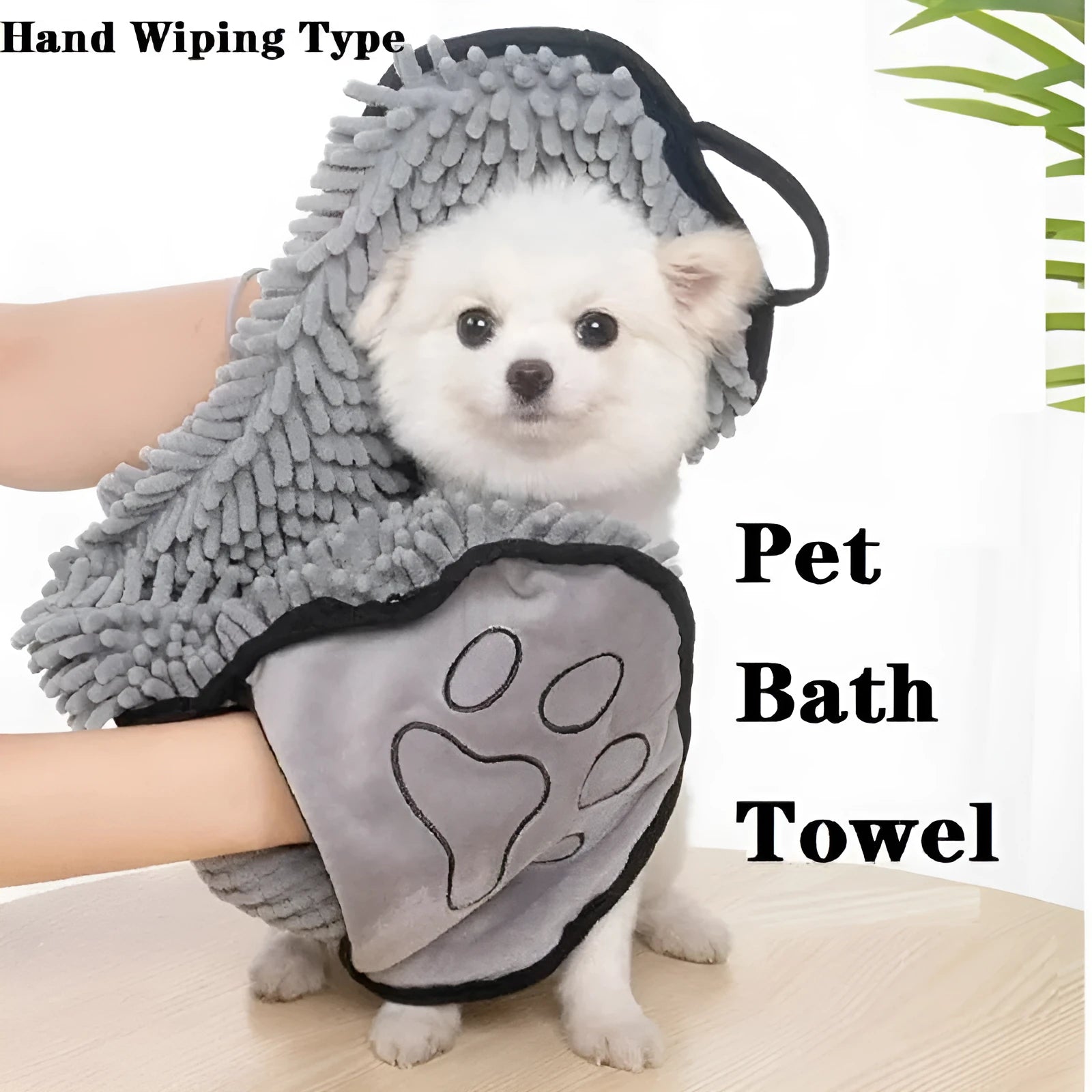 Blue pet bath robe towel wrapped around a small dog, showing its size and absorbent fabric.