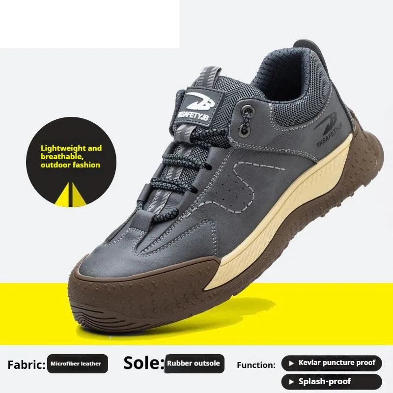 Leather Flyknit safety work shoes with rubber sole shown in black, grey, khaki, and brown colour options.