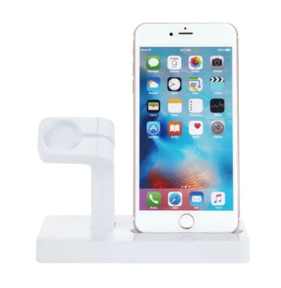 White 2 in 1 desktop charging dock station holding an iPhone and an Apple Watch upright.