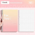 Removable coil gradient notepad in blue, green, pink, or purple, showing A4 and B5 size options.
