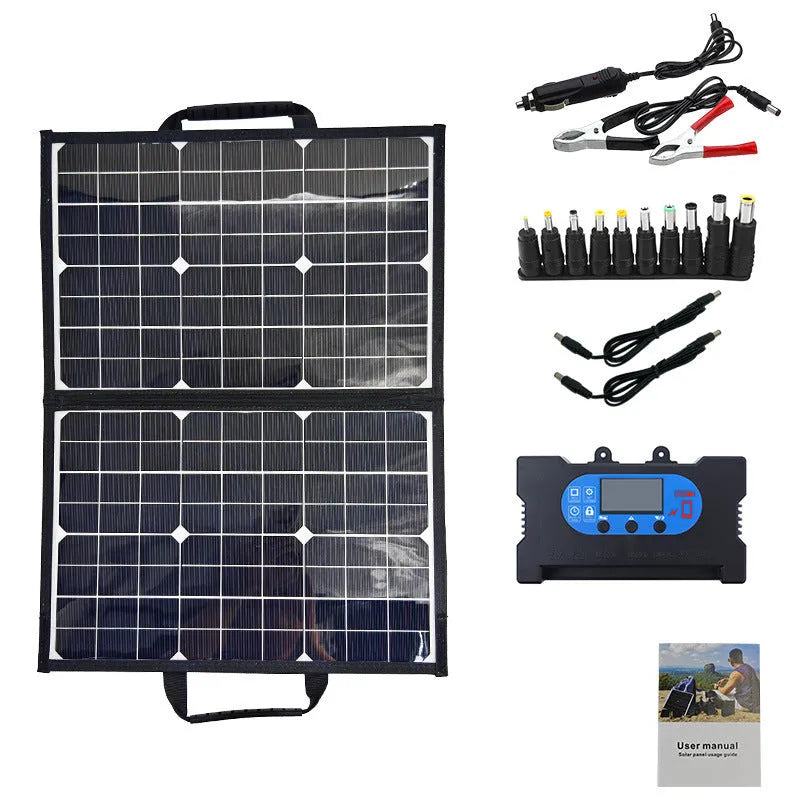 Black 40W portable solar panel folded inside its carrying bag