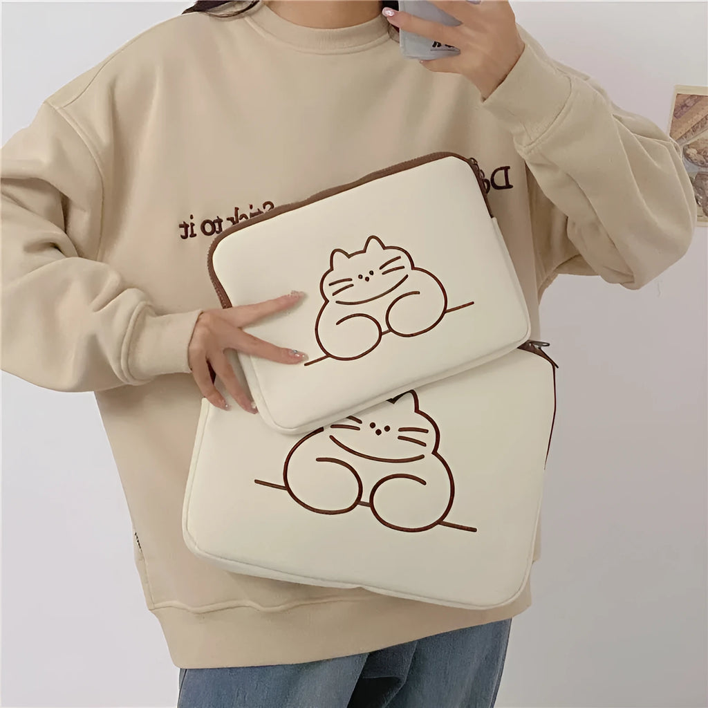 Embroidered cat design nylon tablet protective sleeve with zipper closure