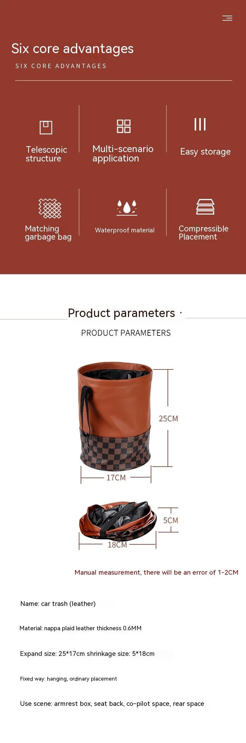 Leather retractable car trash can with handle in folded position