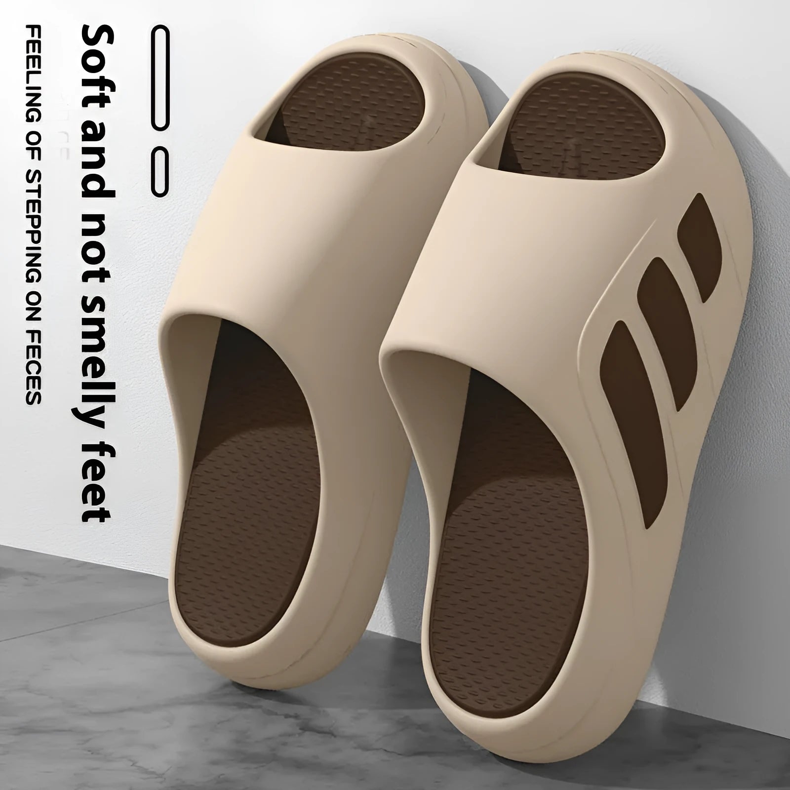 Brown and two-tone coloured EVA platform slippers for men and women indoor home use.