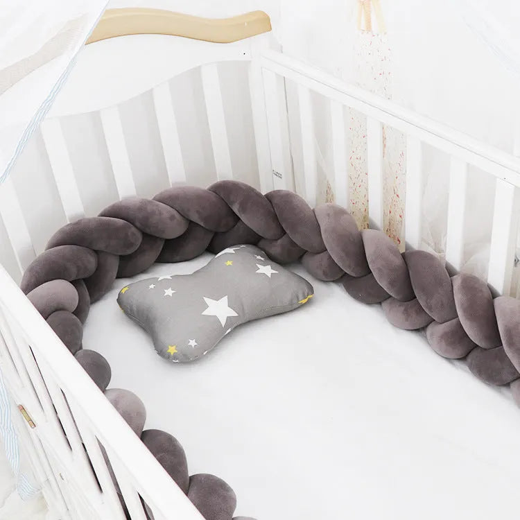 Braided knot crib bumper cushion in spandex velvet protecting infant cot sides