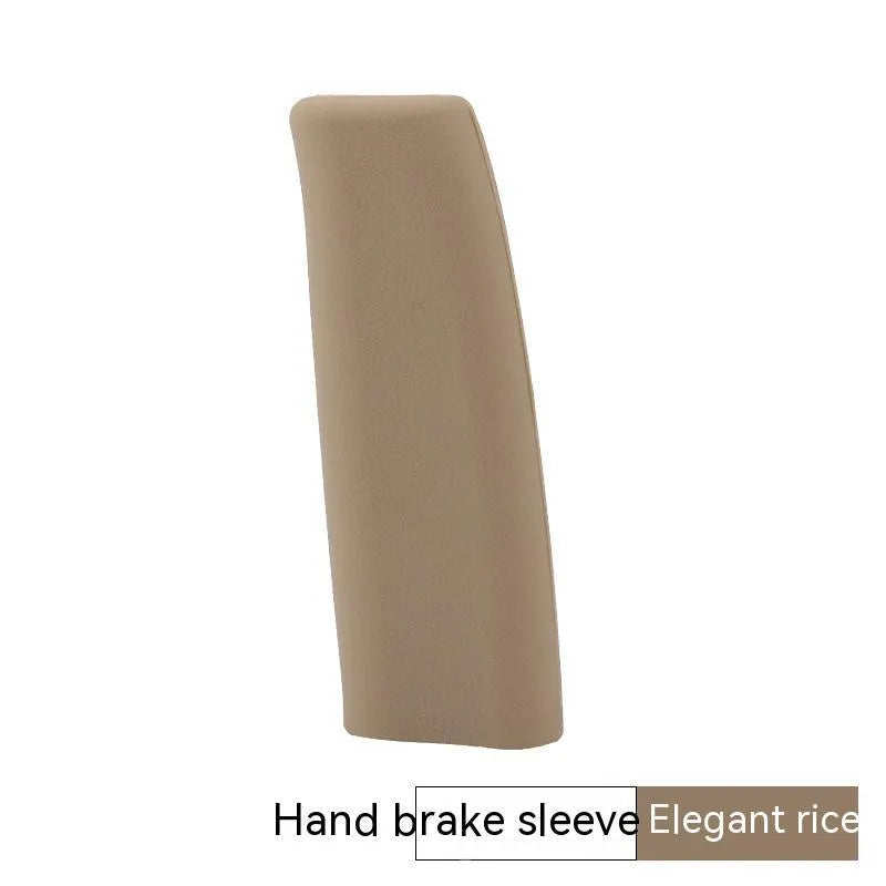 Universal silicone handbrake sleeve for cars shown in available colours: black, gray, beige, red, and blue.