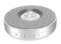 Compact Bluetooth portable speaker in black, orange or silvery white colours showing wireless connectivity