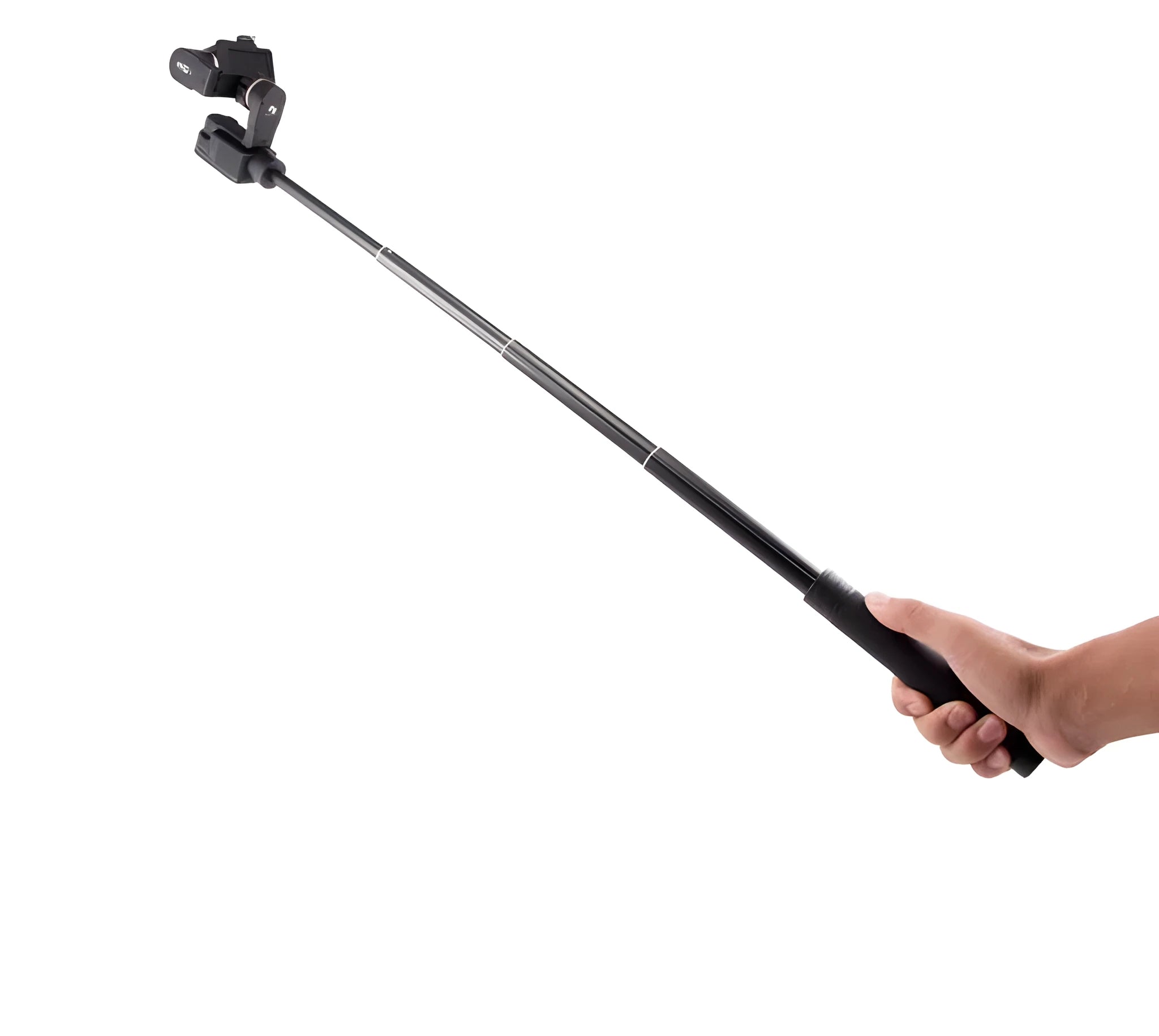 Black retractable aluminium selfie stick with hand-held stabiliser grip holding a smartphone.