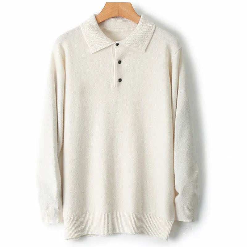 Men's grey wool pullover sweater with a polo collar, laid flat.