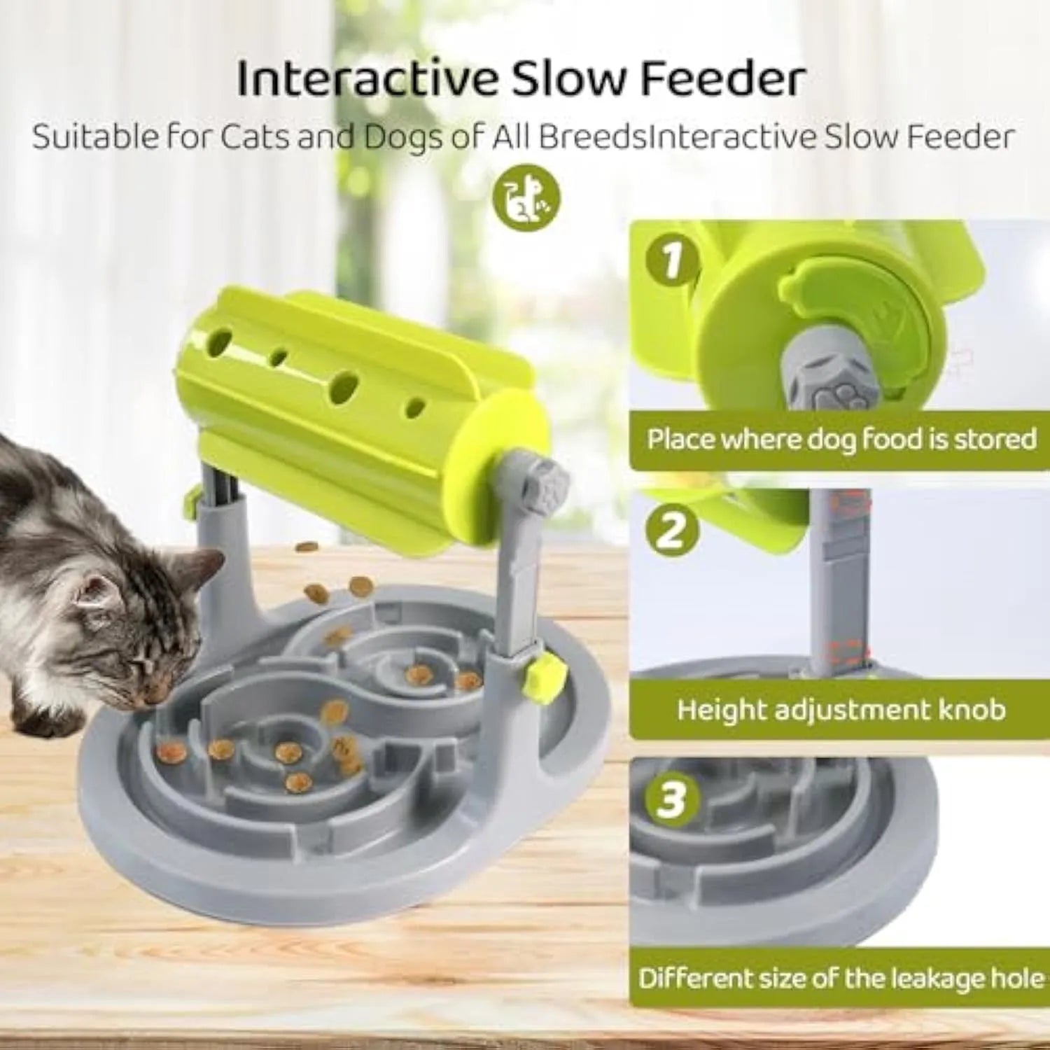Blue interactive pet puzzle feeder bowl with adjustable height and raised food tray patterns