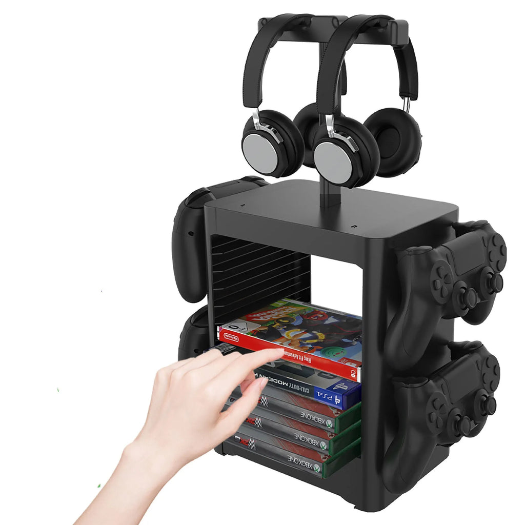 Black ABS gaming CD storage rack with headphone top, side hooks, and a pull-out drawer for accessories.