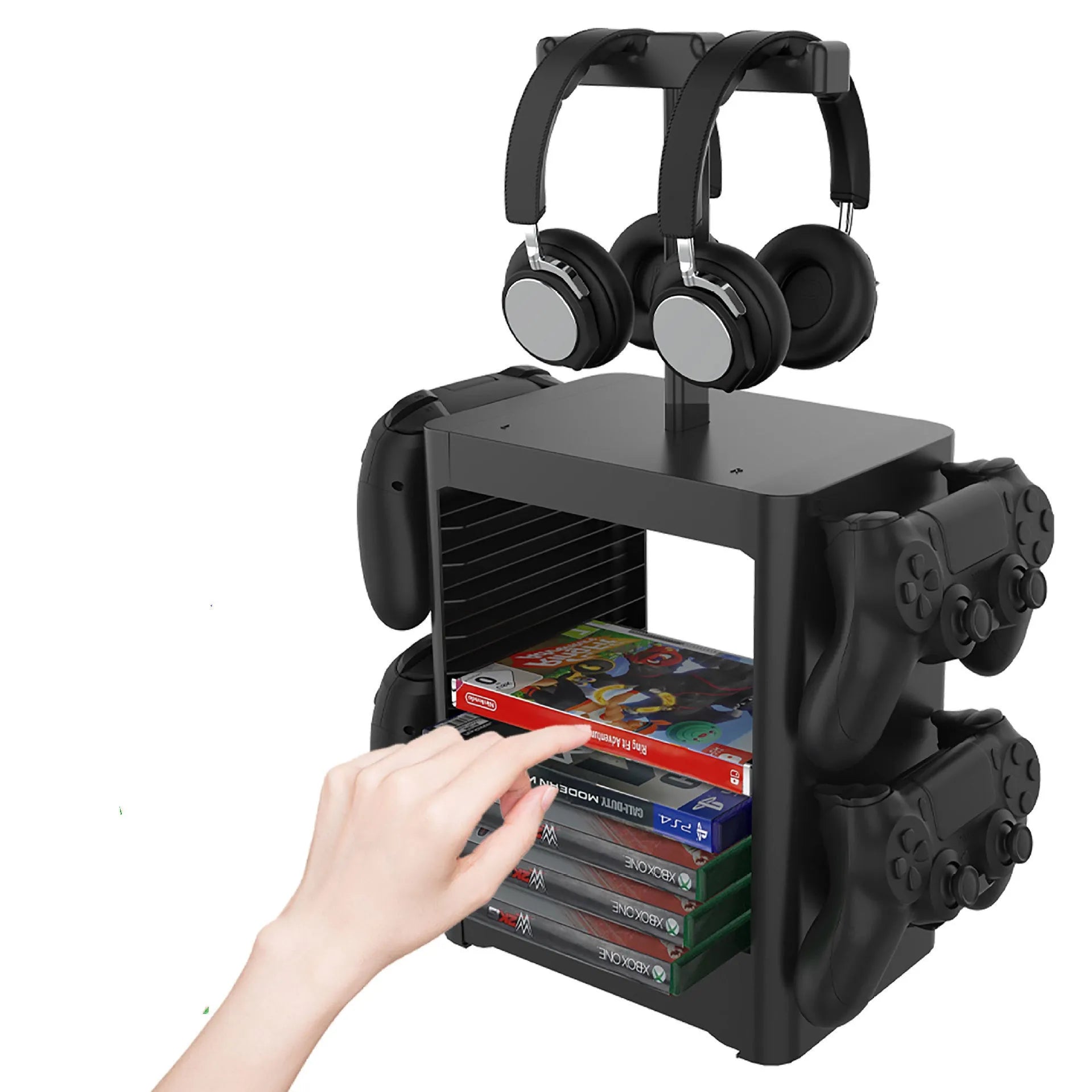 Black ABS gaming CD storage rack with headphone top, side hooks, and a pull-out drawer for accessories.