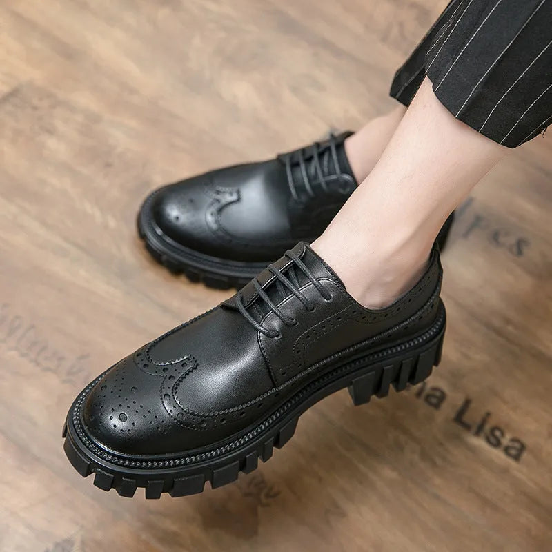 Black and brown men's brogue shoes with round toe and artificial PU upper for business casual wear.