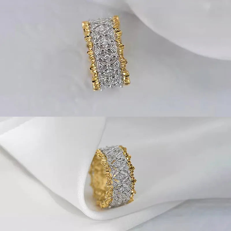 Gold two-tone geometric ring with round zircon details on a copper band.