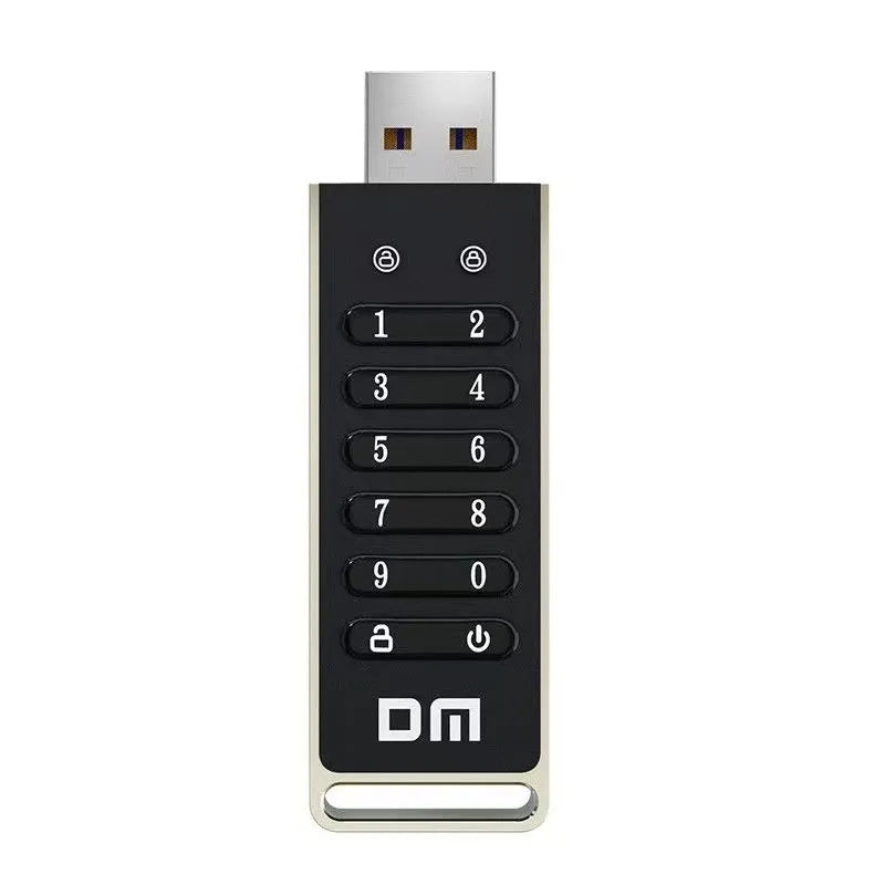 Silver metal encrypted USB flash drive with fingerprint sensor and button, showing 64GB capacity.