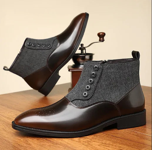 Men's brown retro-style formal shoes with side zipper and square toe