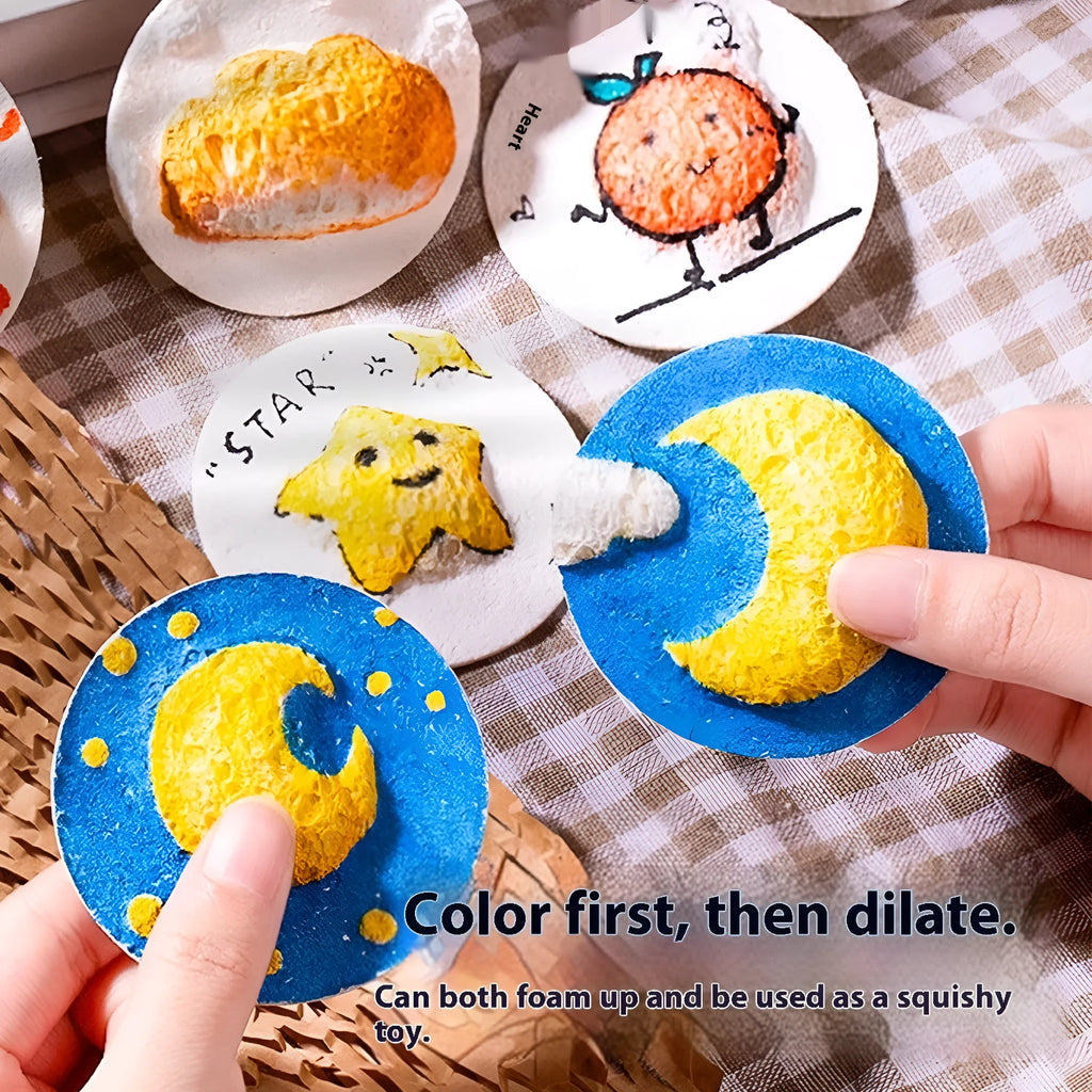 Children's painting set with heart, round, and square shaped sponges, wood pulp paper, and fountain pens