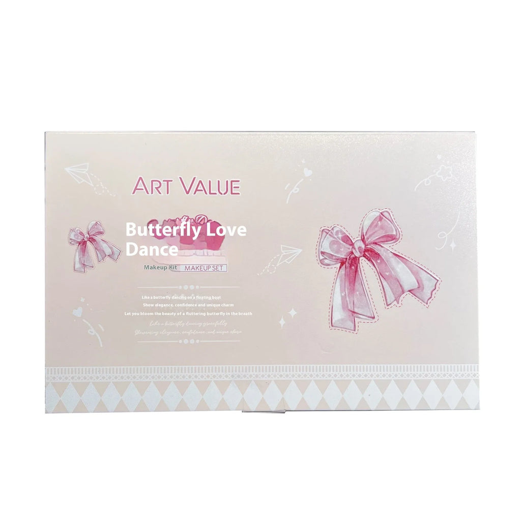 Butterfly Box makeup set showing four matte lip mud pots, powder blusher compact, and decorative necklace