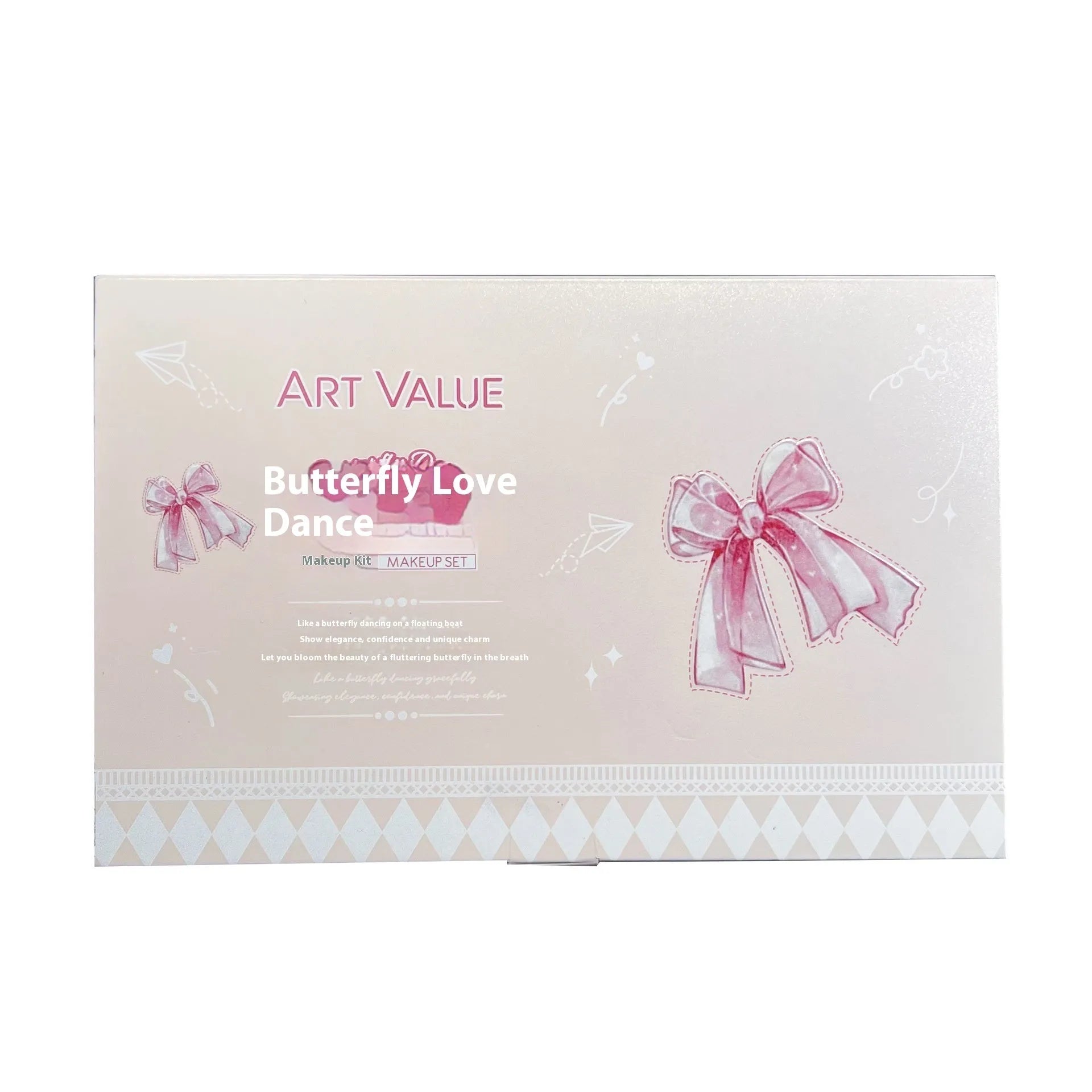 Butterfly Box makeup set showing four matte lip mud pots, powder blusher compact, and decorative necklace