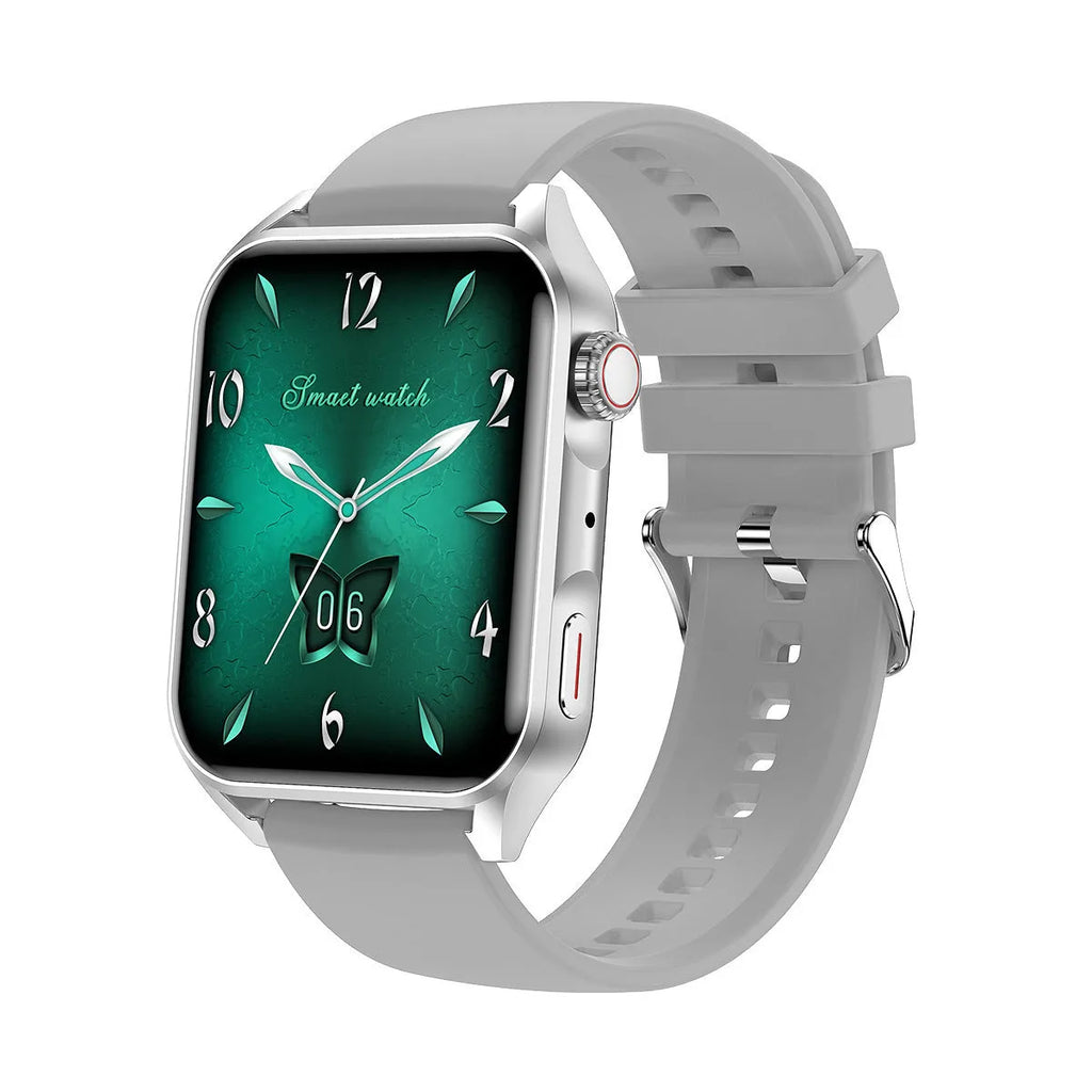 Black smart watch with 1.8 inch AMOLED screen and silicone wrist strap showing multiple watch face options